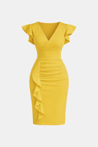Elegant Cocktail Dress for Women with V-Neck Flutter Sleeve Ruched Waist Bodycon Mini Party Style