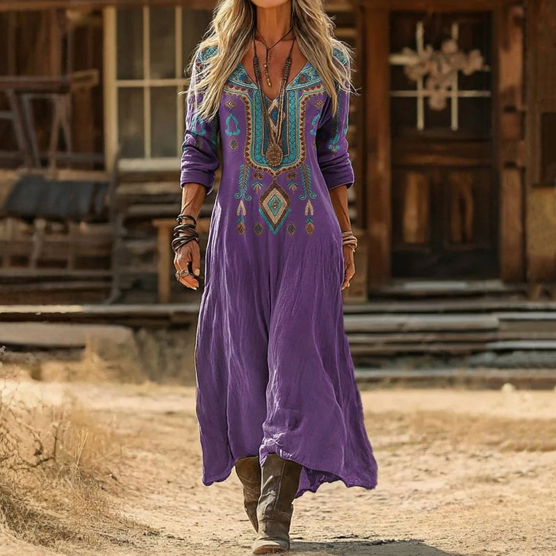 Stylish Purple Mini Dress for Women with V Neck Long Sleeve Vintage