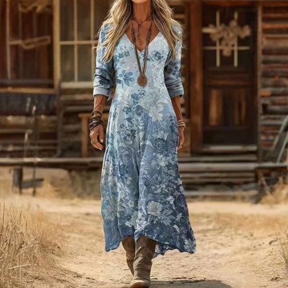 Effortless Blue Floral Mini Dress for Women with V Neck Long Sleeve Vintage