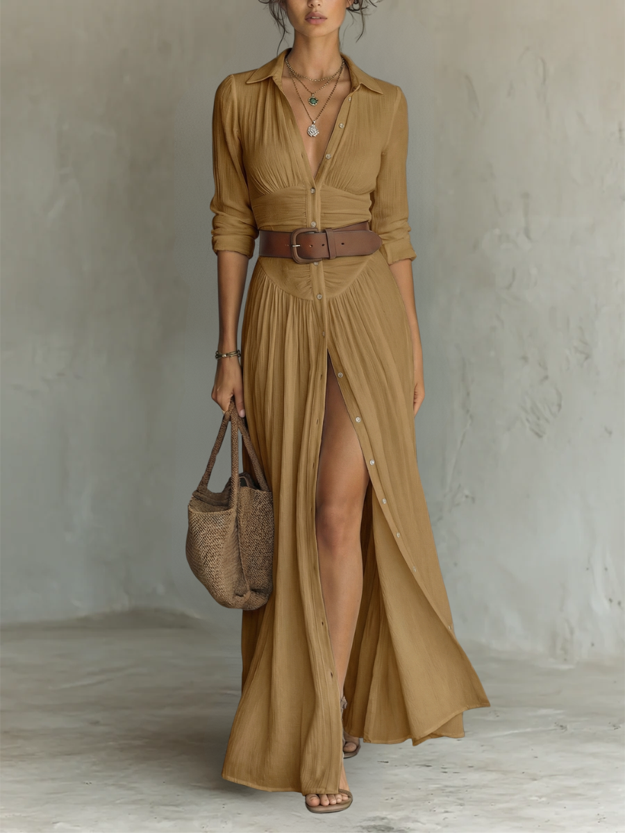 Elegant Maxi Dress for Women with Collared Long Sleeve