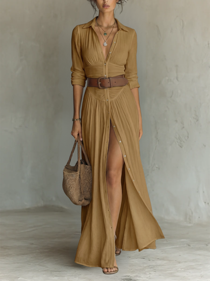 Elegant Maxi Dress for Women with Collared Long Sleeve