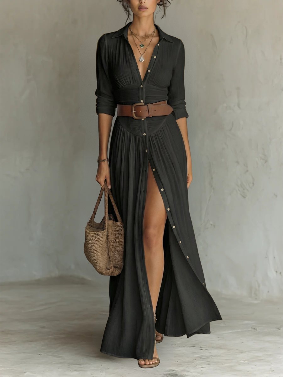 Elegant Maxi Dress for Women with Collared Long Sleeve