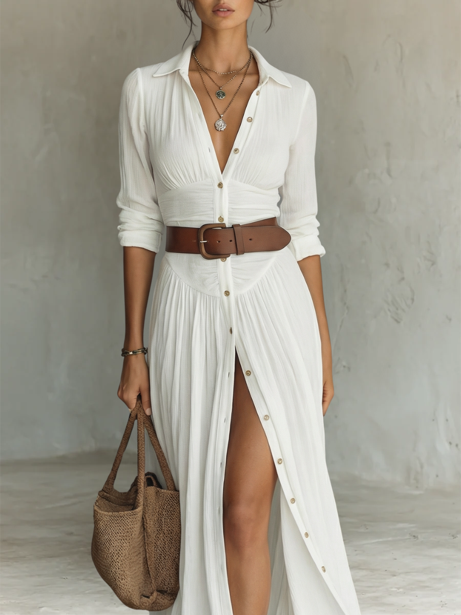 Elegant Maxi Dress for Women with Collared Long Sleeve