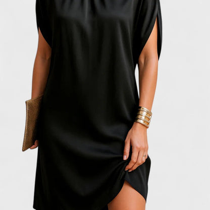 Elegant Black Mini Dress for Women with Mock Neck Split Batwing Sleeve Satin Formal Cocktail Style