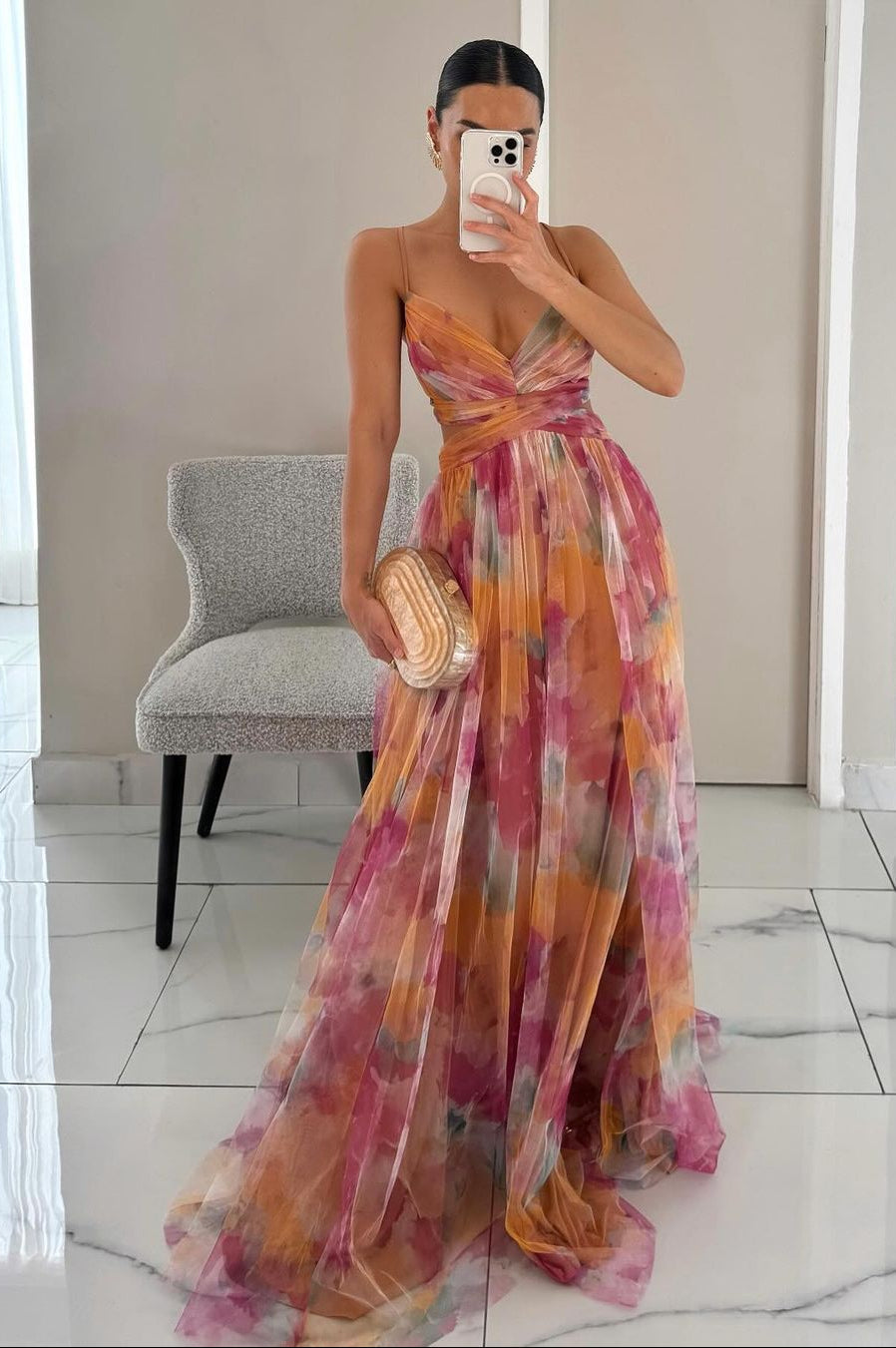 Elegant Floral Maxi Dress for Women with V Neck Sleeveless Formal Wedding Guest Style