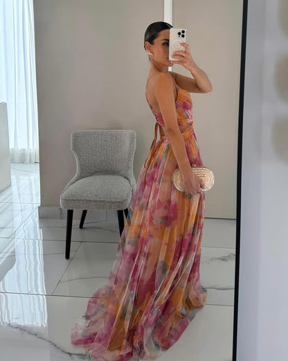 Elegant Floral Maxi Dress for Women with V Neck Sleeveless Formal Wedding Guest Style