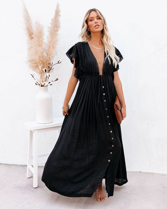 Effortless Maxi Dress for Women with Deep V-Neck Flutter Sleeve Button Front Pleated Casual Sundress Style