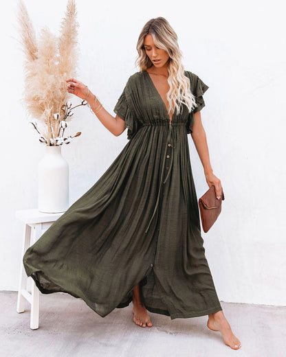 Effortless Maxi Dress for Women with Deep V-Neck Flutter Sleeve Button Front Pleated Casual Sundress Style