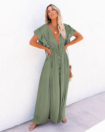 Effortless Maxi Dress for Women with Deep V-Neck Flutter Sleeve Button Front Pleated Casual Sundress Style
