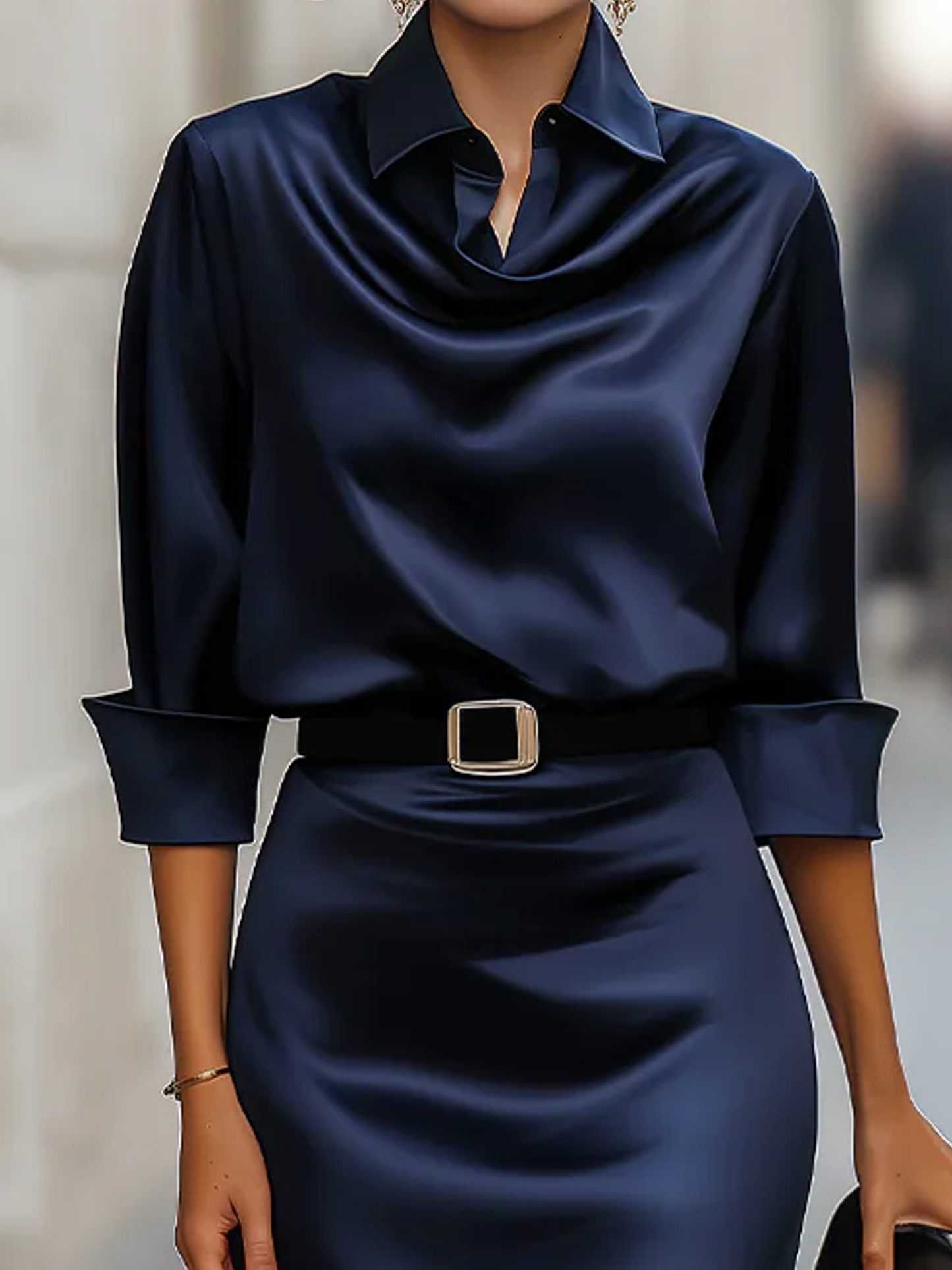 Elegant Shirt Dress for Women with Satin Cowl Neck Collar Belt Elbow Sleeve Bodycon Midi Style