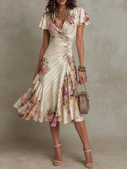 Elegant Floral Dress for Women with Satin Ruched Wrap V-Neck Flutter Sleeve Formal Wedding Guest Style