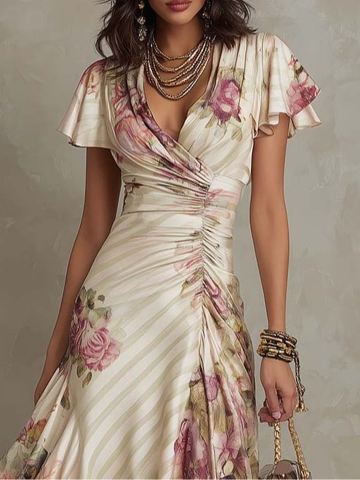 Elegant Floral Dress for Women with Satin Ruched Wrap V-Neck Flutter Sleeve Formal Wedding Guest Style