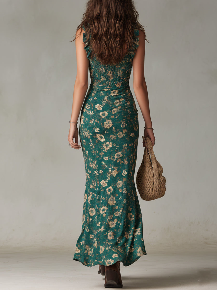 Effortless Maxi dress for Women with Square Neck Ruffle Strap Smocked Bodice Floral Print Side Slit Style