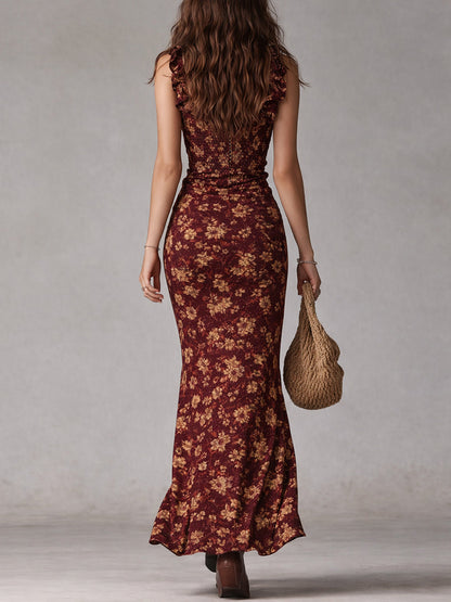 Effortless Maxi dress for Women with Square Neck Ruffle Strap Smocked Bodice Floral Print Side Slit Style