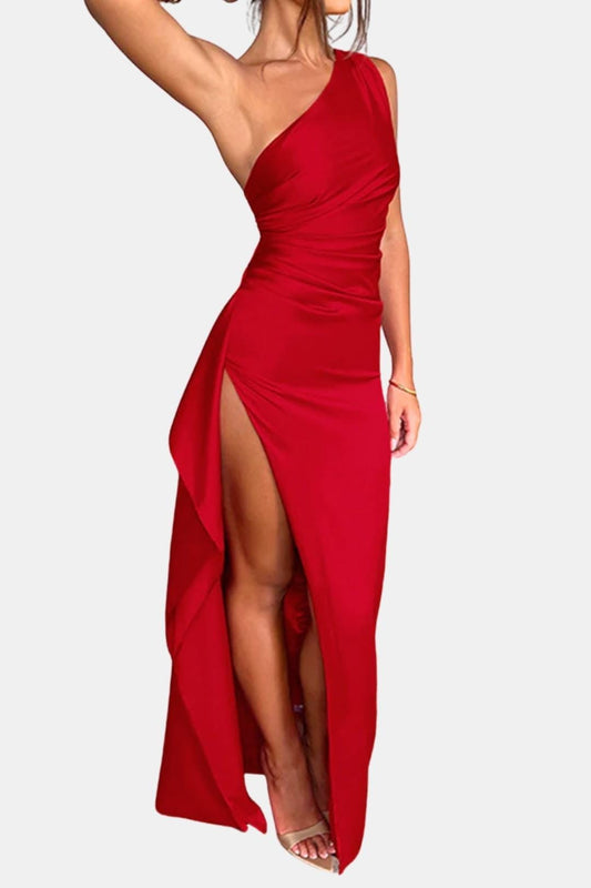 Elegant Cocktail Dress for Women with One Shoulder Ruched Bodycon Side Slit Maxi Formal Party Style