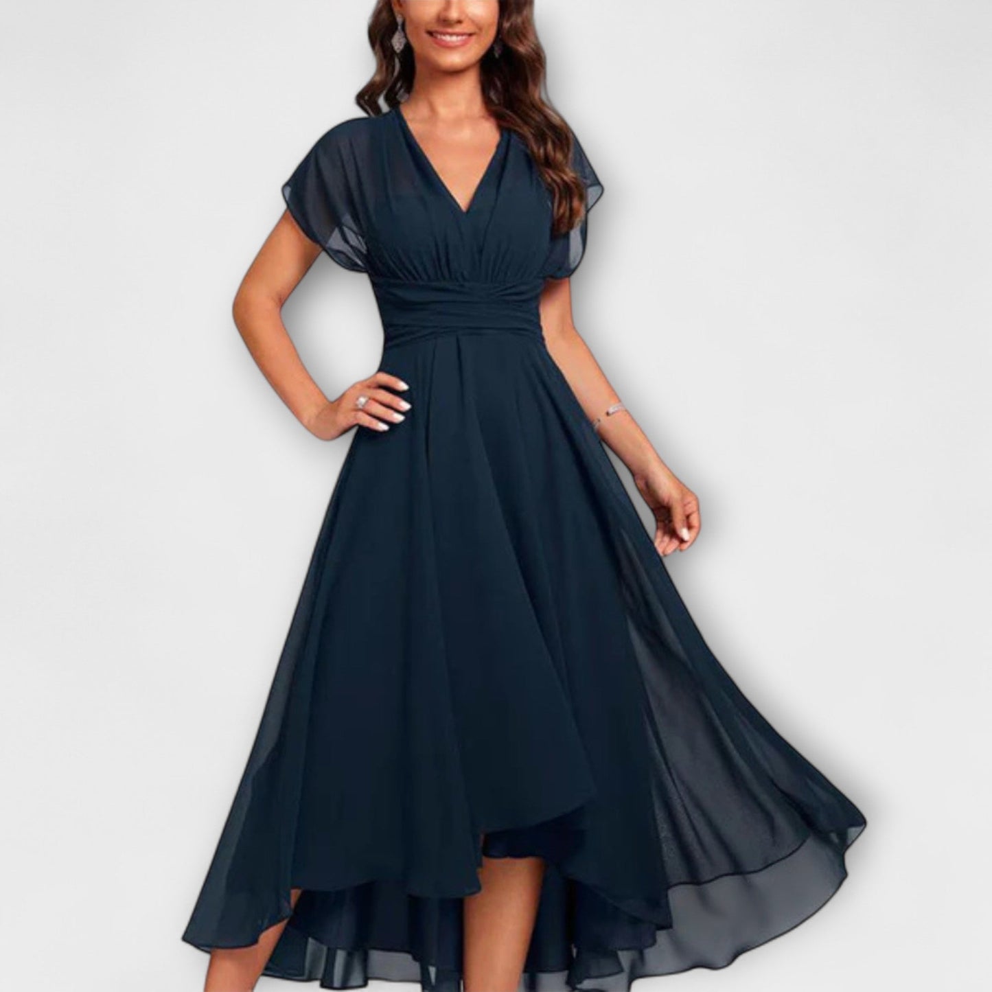 Elegant Navy Blue Cocktail Dress for Women with V-Neck Flutter Sleeve Chiffon Ruched Waist A-Line Midi Style