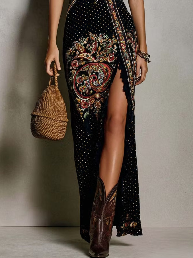 Elegant Black Dress for Women with Deep V-Neck Ruffle Trim Floral Print High Slit Midi Style