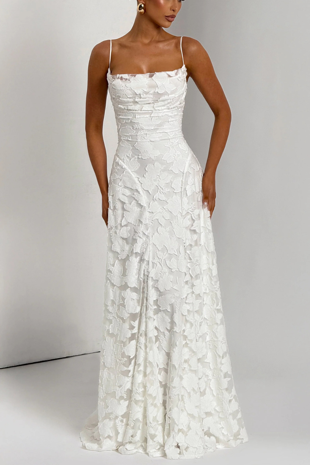 Elegant Formal Wedding Guest Dress for Women with Square Neck Spaghetti Strap Floral Brocade Maxi Style
