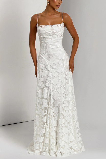Elegant Formal Wedding Guest Dress for Women with Square Neck Spaghetti Strap Floral Brocade Maxi Style