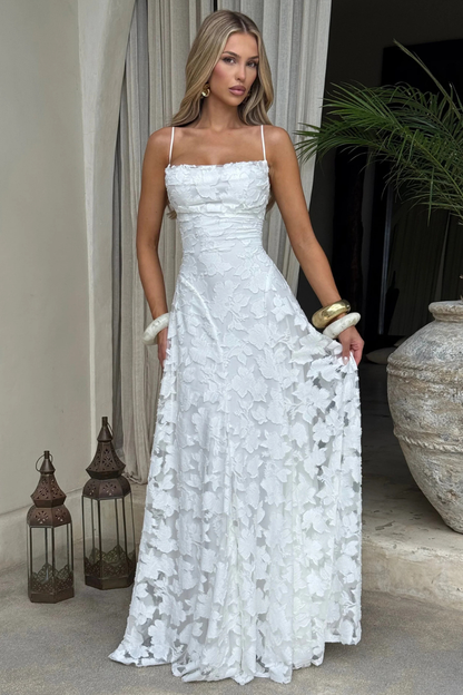 Elegant Formal Wedding Guest Dress for Women with Square Neck Spaghetti Strap Floral Brocade Maxi Style