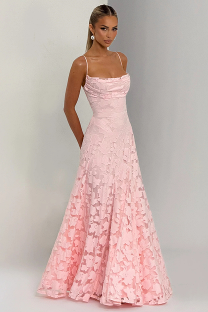 Elegant Formal Wedding Guest Dress for Women with Square Neck Spaghetti Strap Floral Brocade Maxi Style
