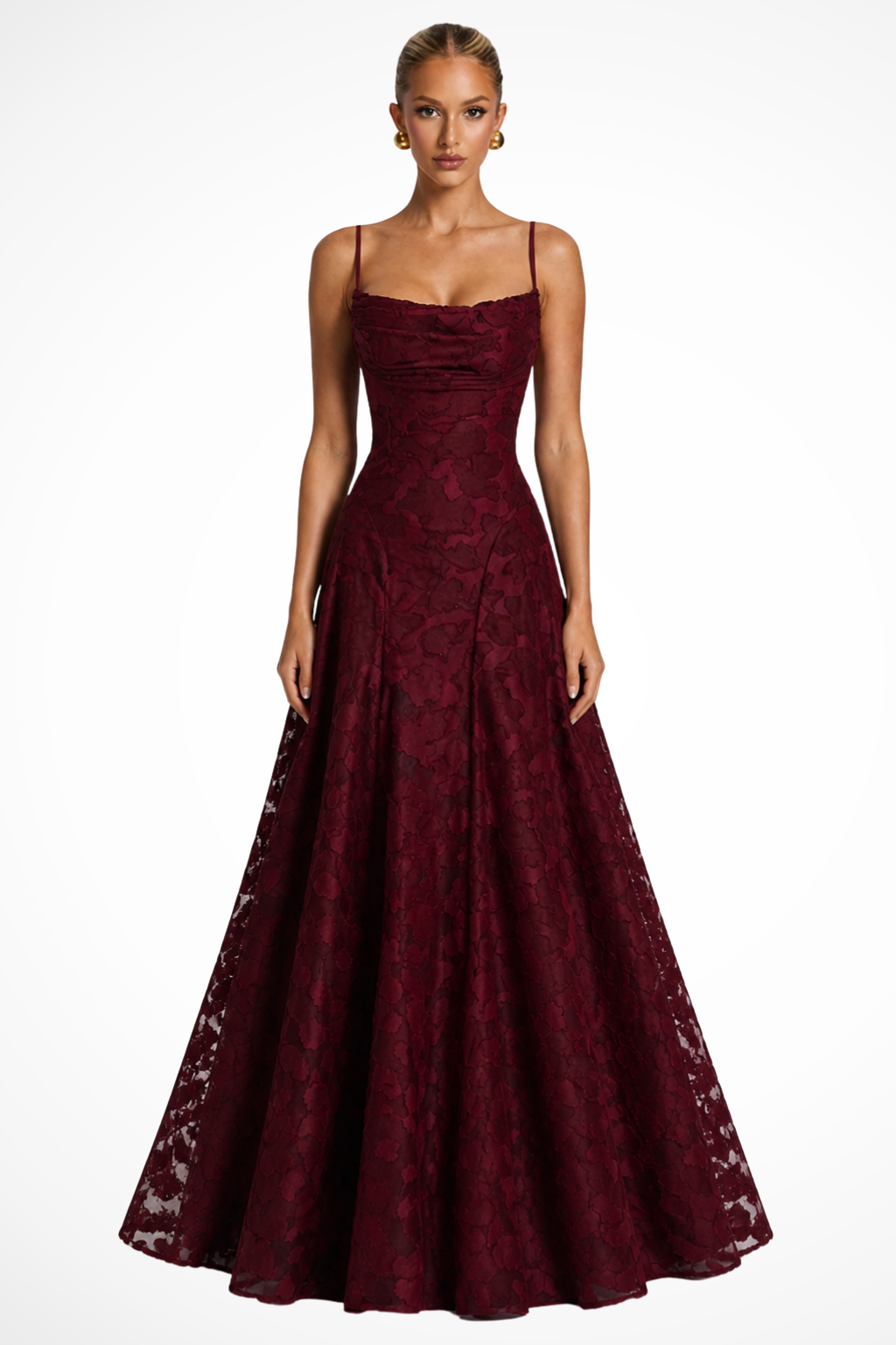 Elegant Formal Wedding Guest Dress for Women with Square Neck Spaghetti Strap Floral Brocade Maxi Style