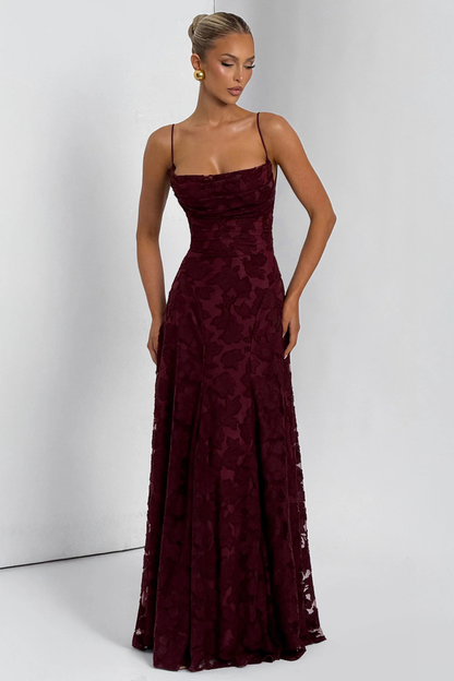 Elegant Formal Wedding Guest Dress for Women with Square Neck Spaghetti Strap Floral Brocade Maxi Style