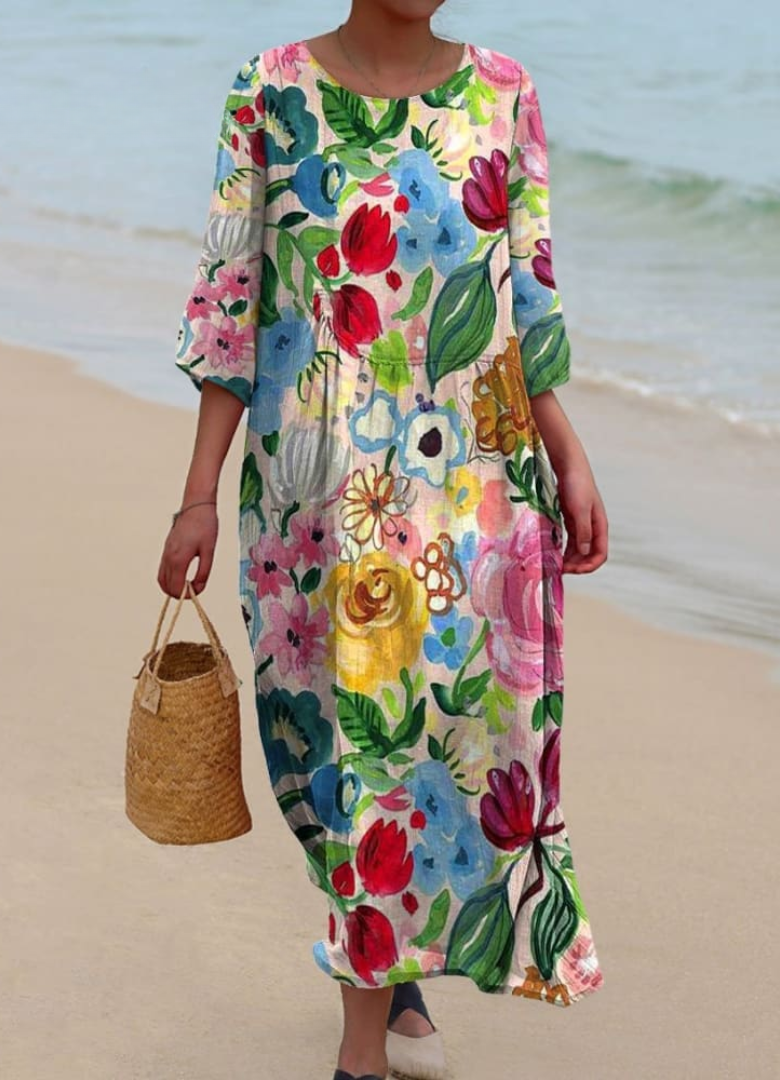Effortless Floral Dress for Women with Round Neck Short Sleeve