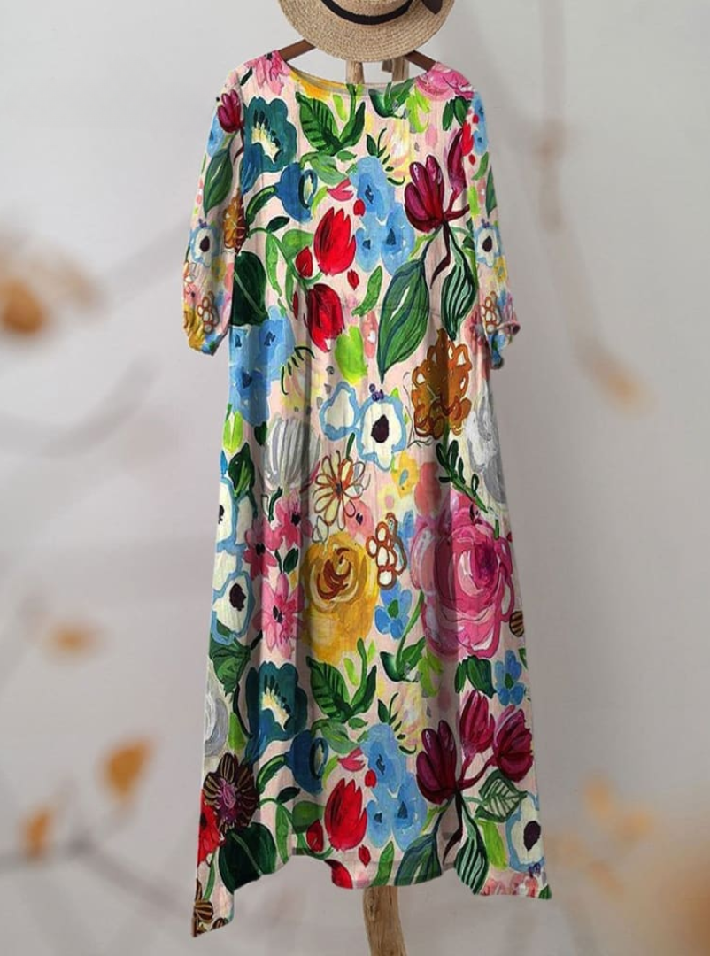 Effortless Floral Dress for Women with Round Neck Short Sleeve