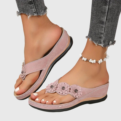 Comfortable Flip Flops for Women with Toe Ring Floral Detail Suede Wedge Heel Contoured Casual Sandal Style