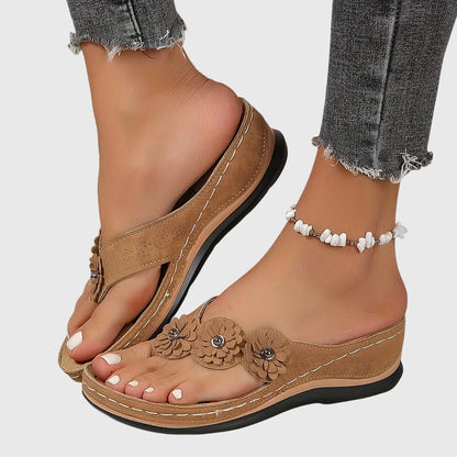 Comfortable Flip Flops for Women with Toe Ring Floral Detail Suede Wedge Heel Contoured Casual Sandal Style