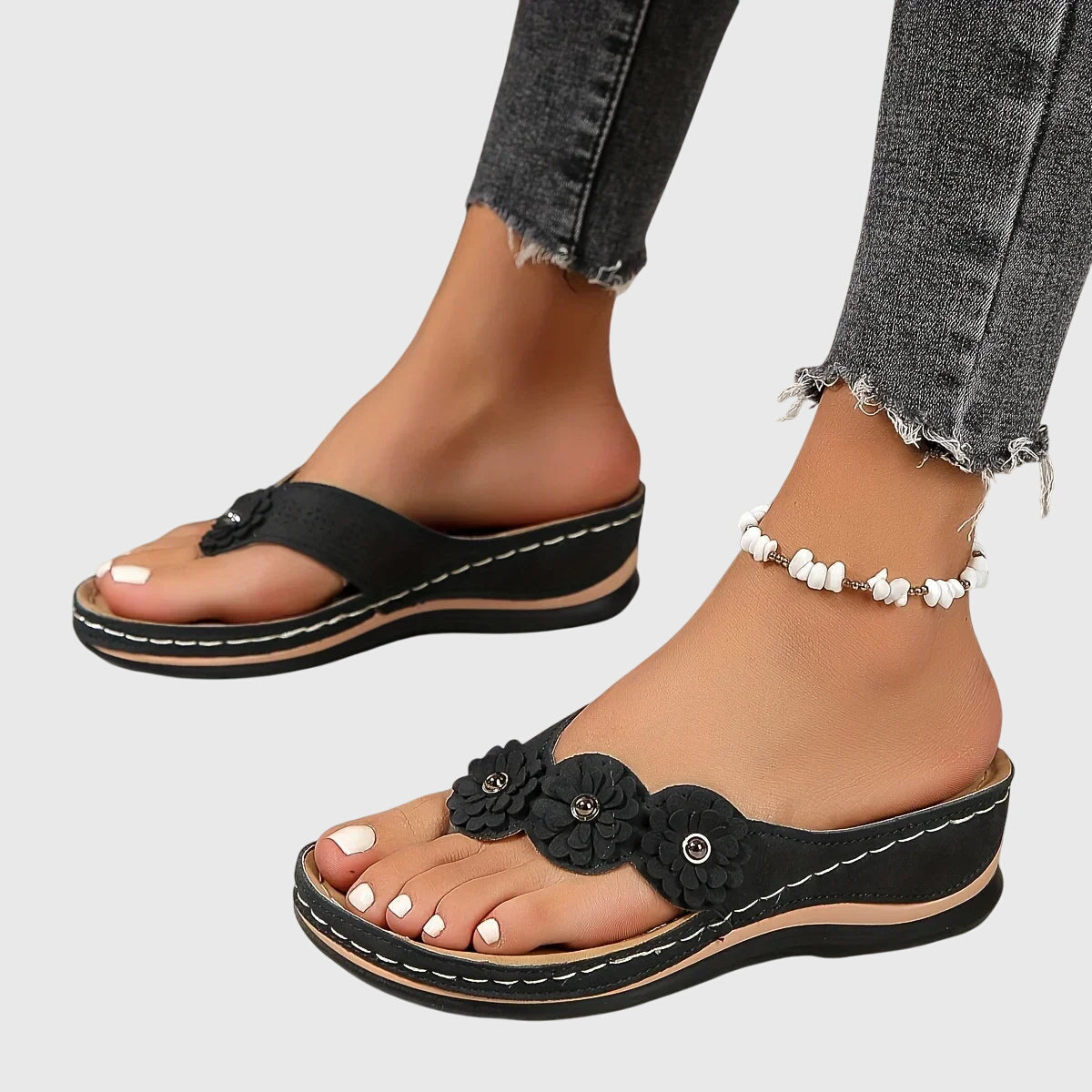 Comfortable Flip Flops for Women with Toe Ring Floral Detail Suede Wedge Heel Contoured Casual Sandal Style