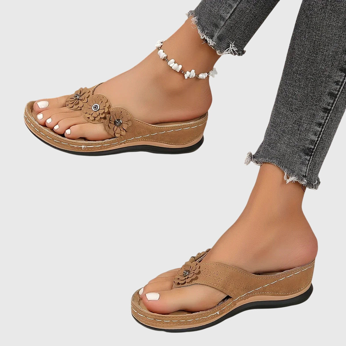 Comfortable Flip Flops for Women with Toe Ring Floral Detail Suede Wedge Heel Contoured Casual Sandal Style