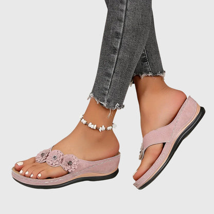 Comfortable Flip Flops for Women with Toe Ring Floral Detail Suede Wedge Heel Contoured Casual Sandal Style