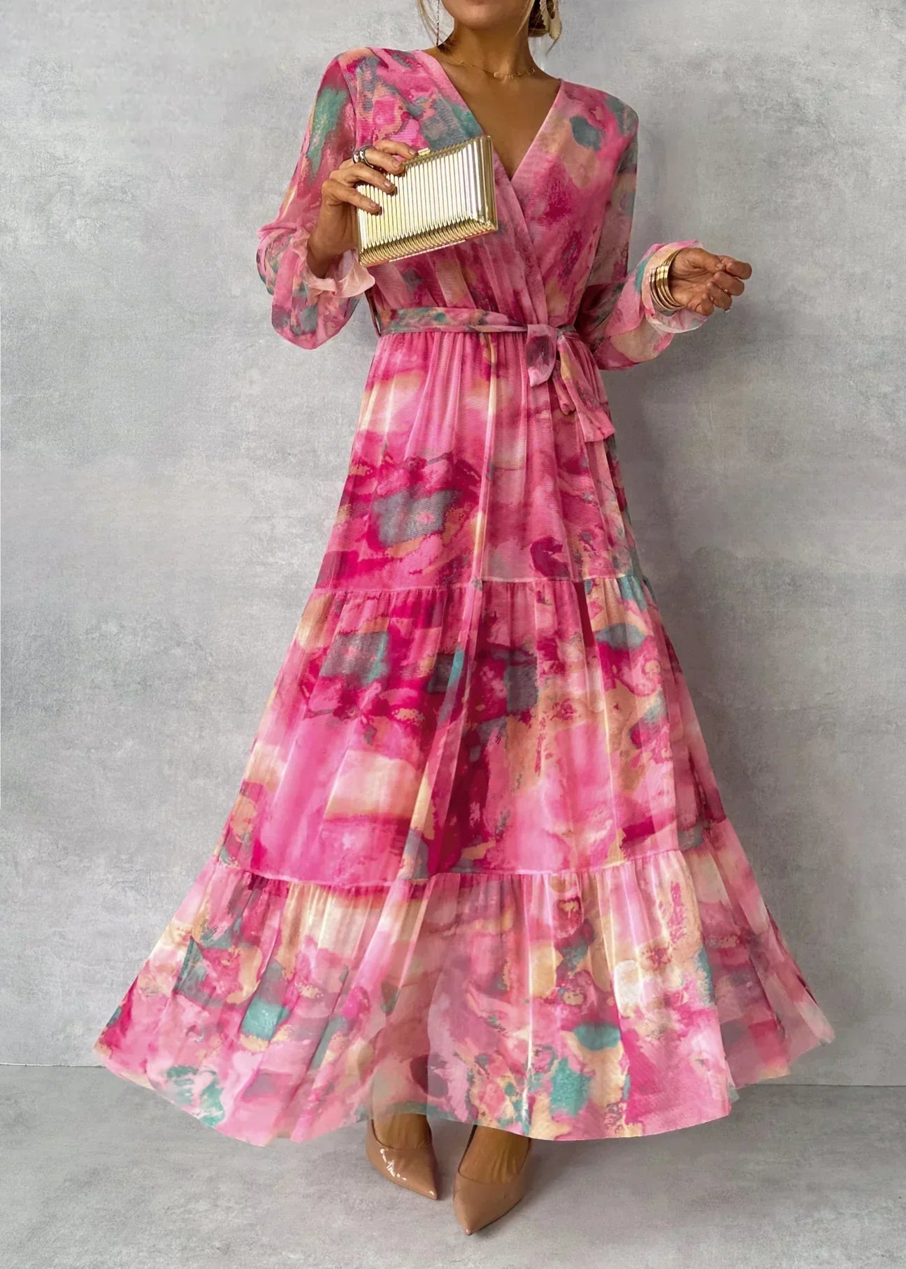 Elegant Pink Maxi Dress for Women with V-Neck Balloon Sleeve Floral Print Pleated Tie Waist Formal Style