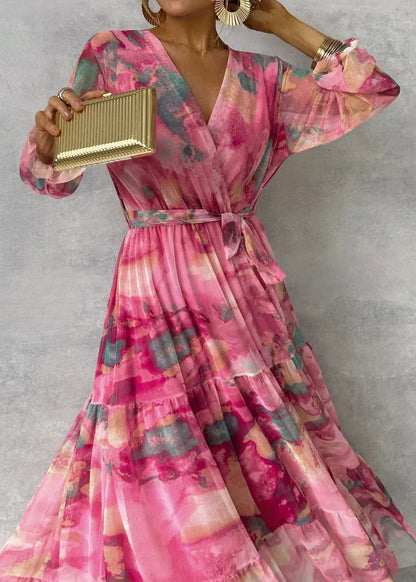 Elegant Pink Maxi Dress for Women with V-Neck Balloon Sleeve Floral Print Pleated Tie Waist Formal Style