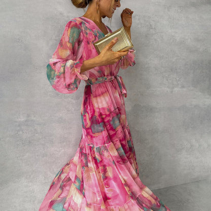 Elegant Pink Maxi Dress for Women with V-Neck Balloon Sleeve Floral Print Pleated Tie Waist Formal Style