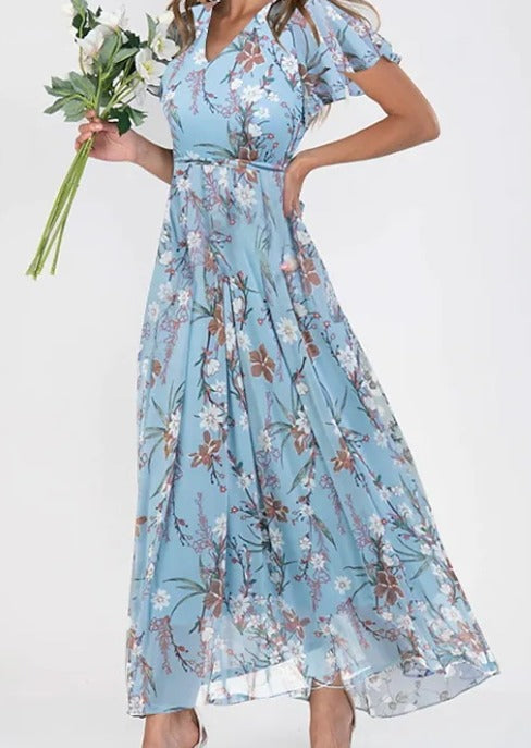 Effortless Floral Midi Dress for Women with Short Sleeve