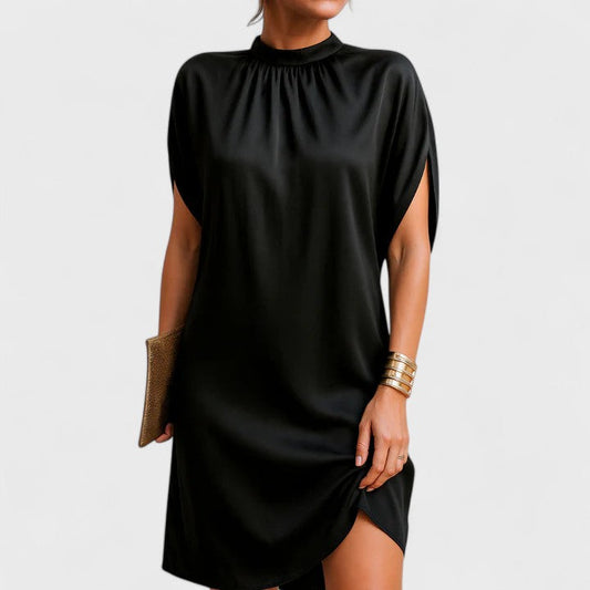 Elegant Black Mini Dress for Women with Mock Neck Split Batwing Sleeve Satin Formal Cocktail Style
