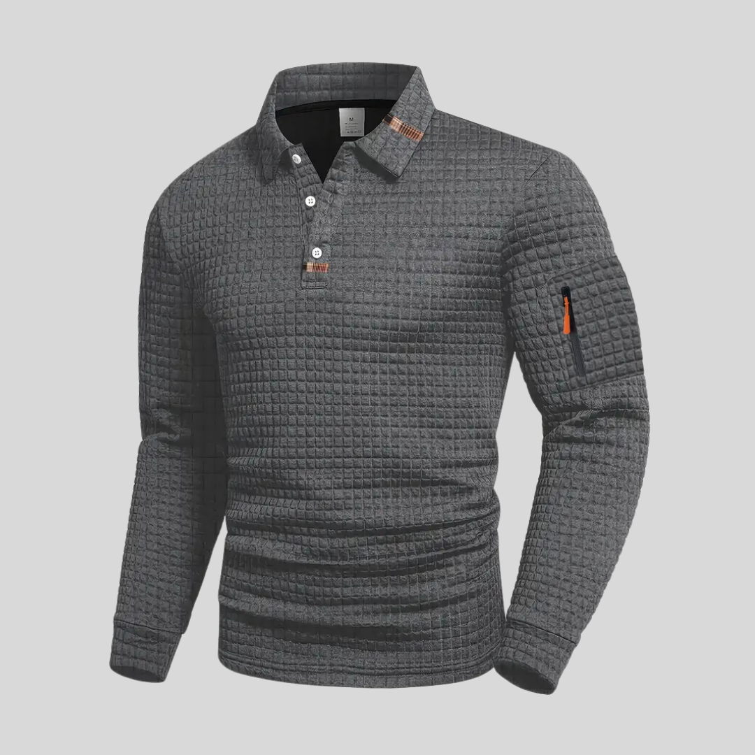 Classic Geometric Polo Shirt for Men with Long Sleeve Pocket