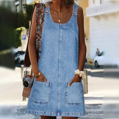 Effortless Blue Denim Dress for Women with Sleeveless Casual Style