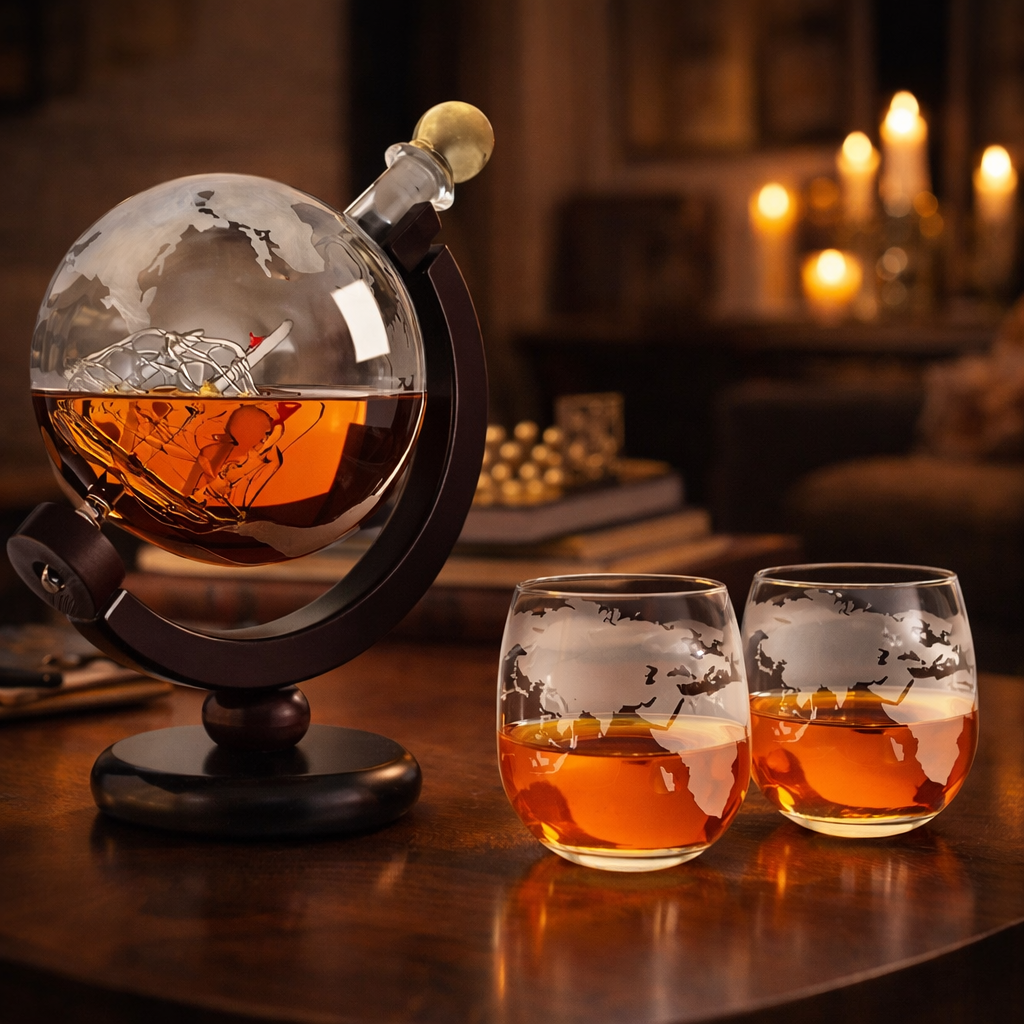 Stylish Whisky Decanter Bottle Gift Set with World Map Design