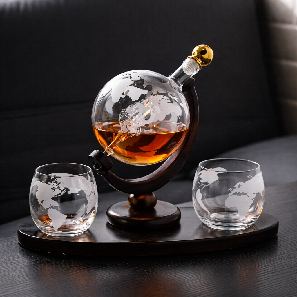 Stylish Whisky Decanter Bottle Gift Set with World Map Design