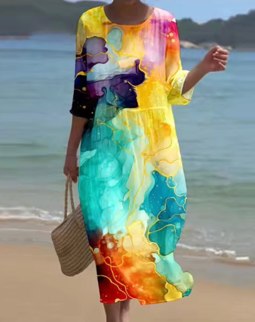 Effortless Floral Dress for Women with Round Neck Short Sleeve