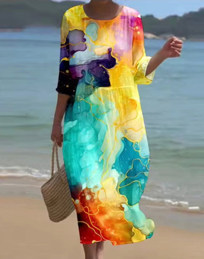 Effortless Floral Dress for Women with Round Neck Short Sleeve