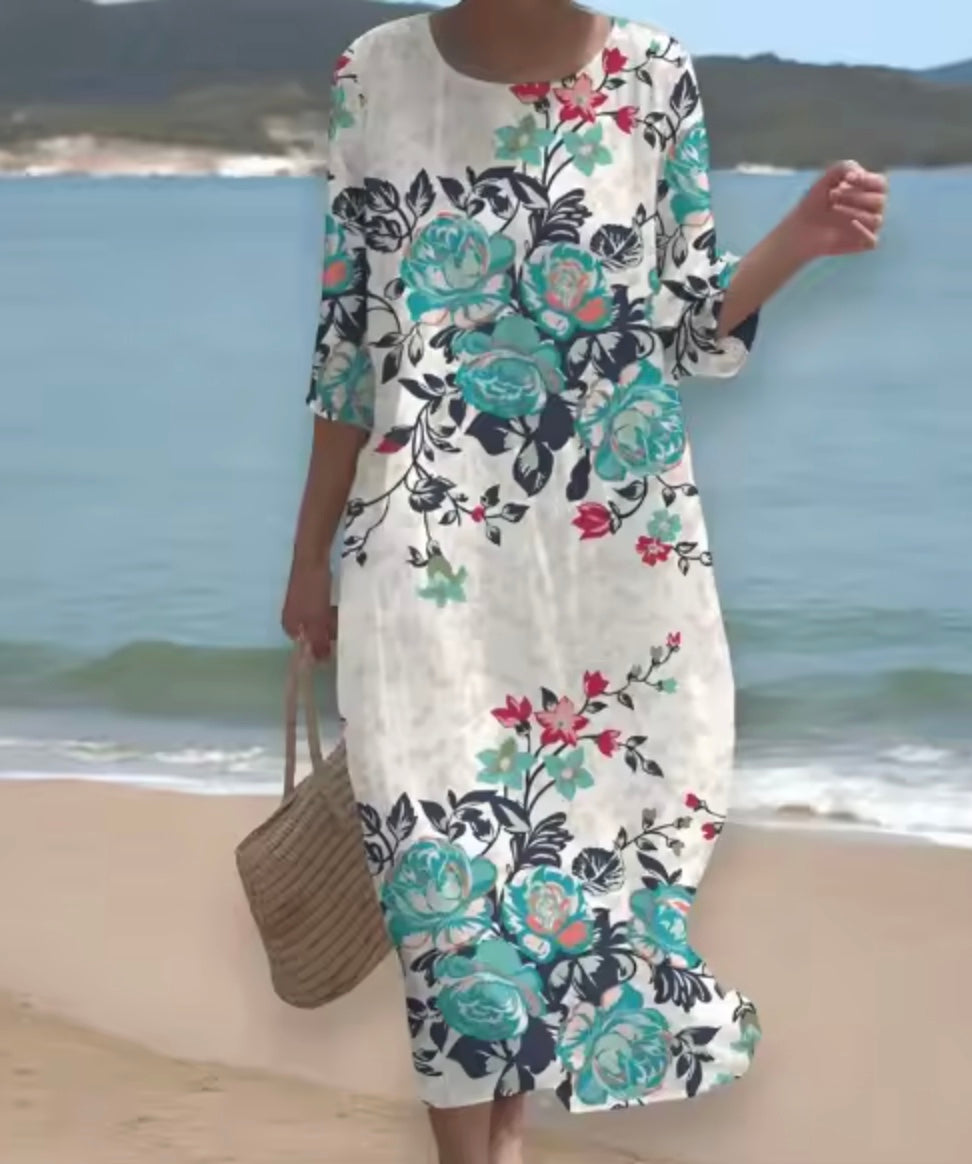 Effortless Floral Dress for Women with Round Neck Short Sleeve