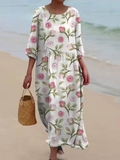 Effortless Floral Dress for Women with Round Neck Short Sleeve