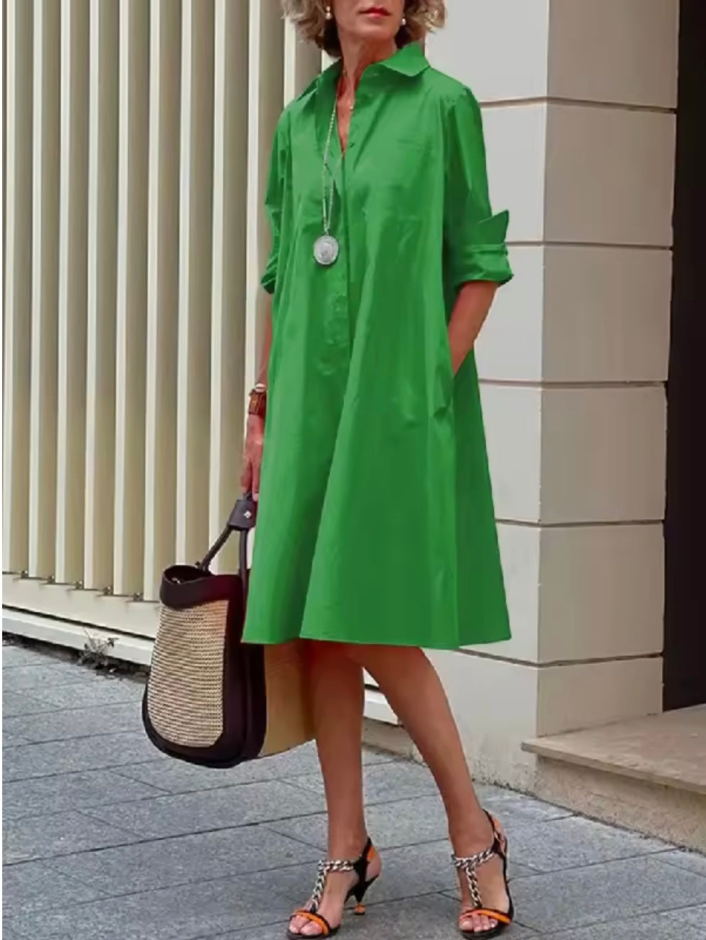 Stylish Shirt Dress for Women with Collared Elbow Sleeve