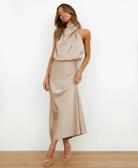 Elegant Formal Wedding Guest Dress for Women with Halter Neck Sleeveless Satin Draped Blouson Midi Style