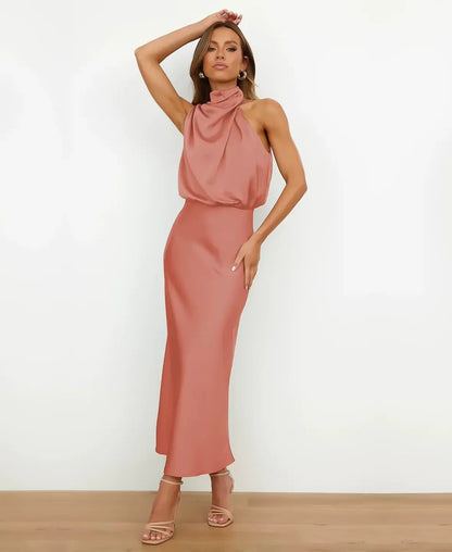 Elegant Formal Wedding Guest Dress for Women with Halter Neck Sleeveless Satin Draped Blouson Midi Style